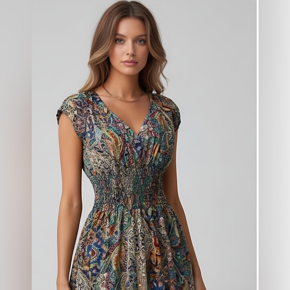 Boho Paisley Shirred Waist Ruffle Hem Maxi Dress Multicolor - Picture 4 of 12